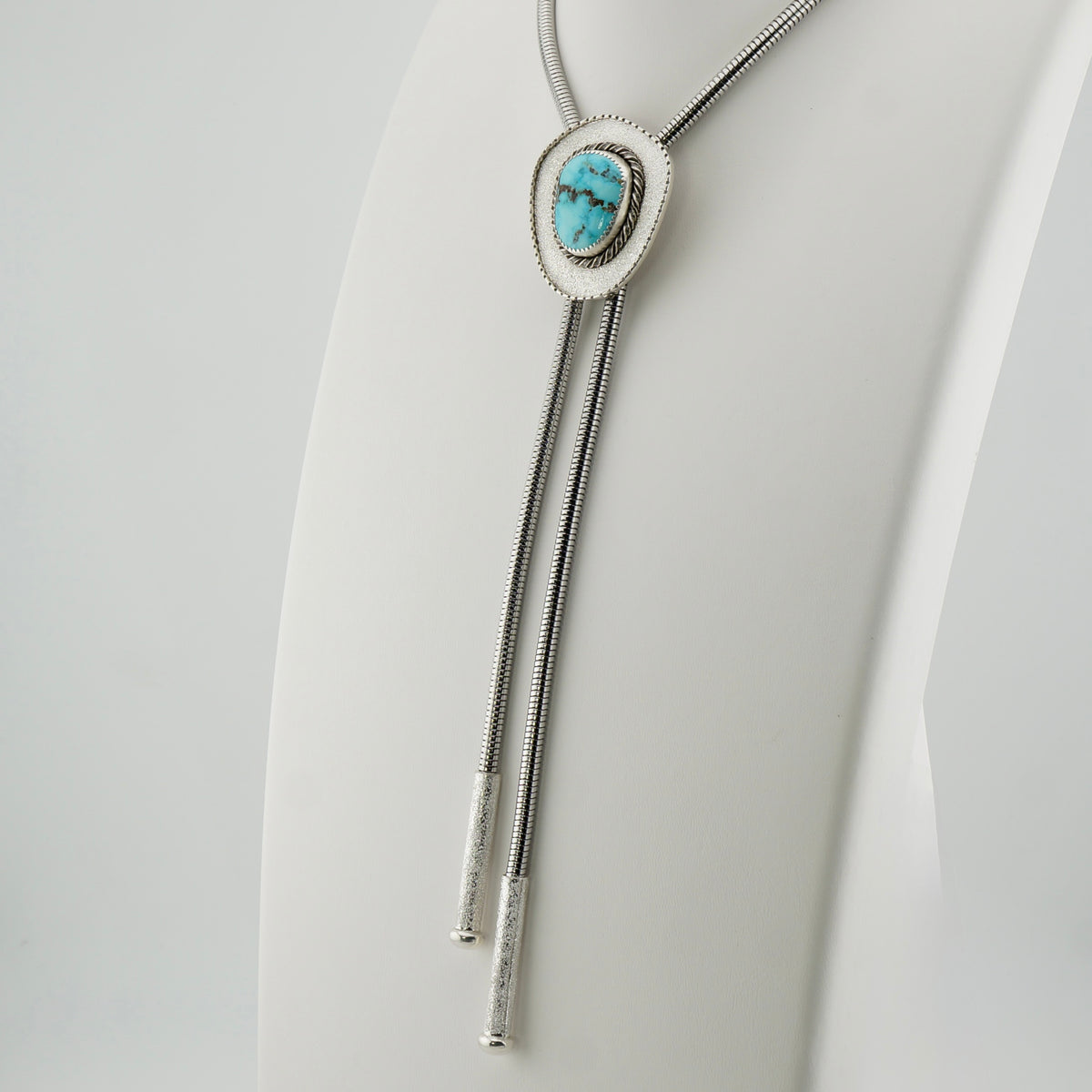 Genuine Turquoise Bolo Tie in Fine and Sterling Silver, One of a Kind Handcrafted Western Jewelry