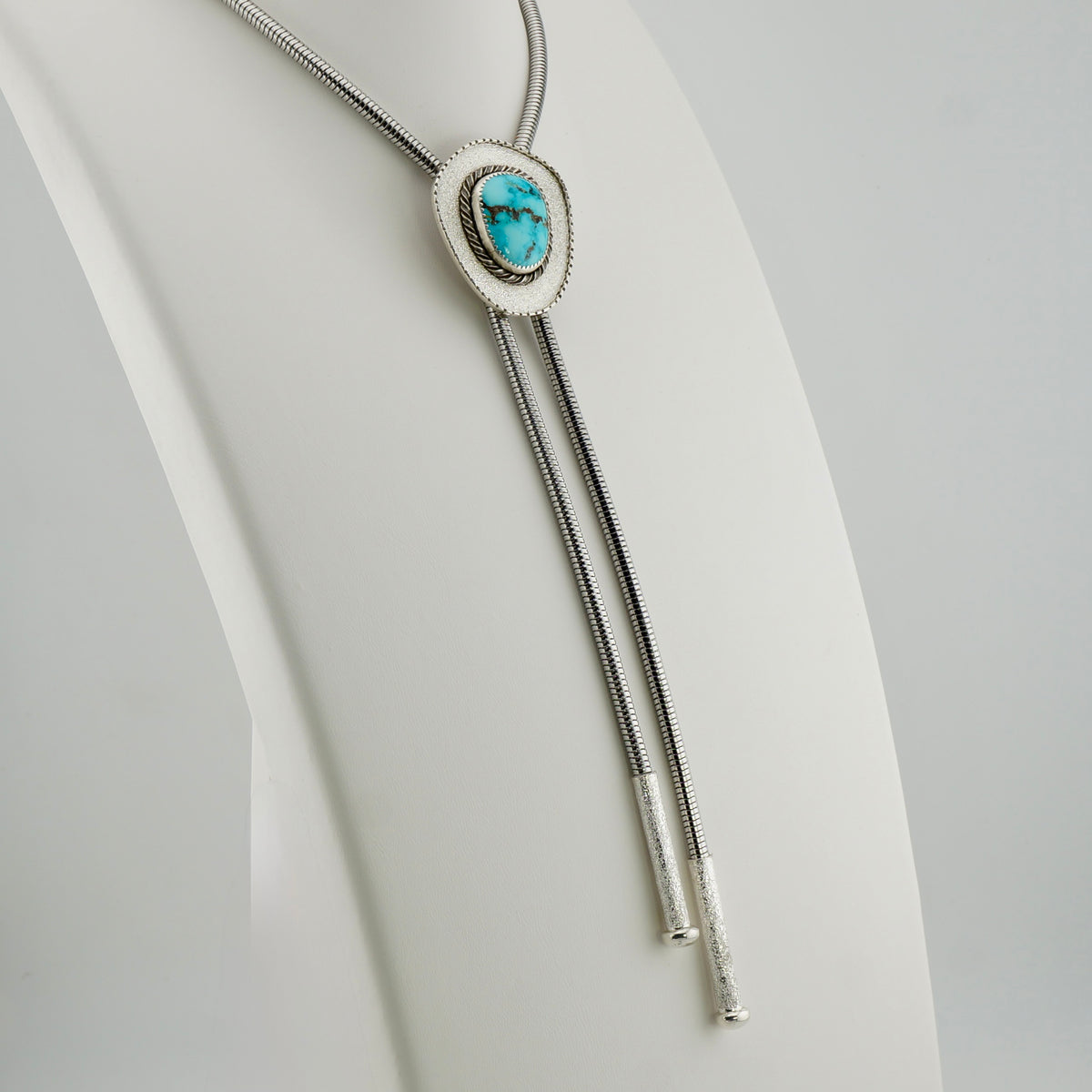 Genuine Turquoise Bolo Tie in Fine and Sterling Silver, One of a Kind Handcrafted Western Jewelry