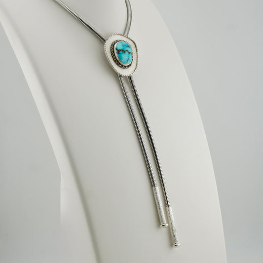 Genuine Turquoise Bolo Tie in Fine and Sterling Silver, One of a Kind Handcrafted Western Jewelry