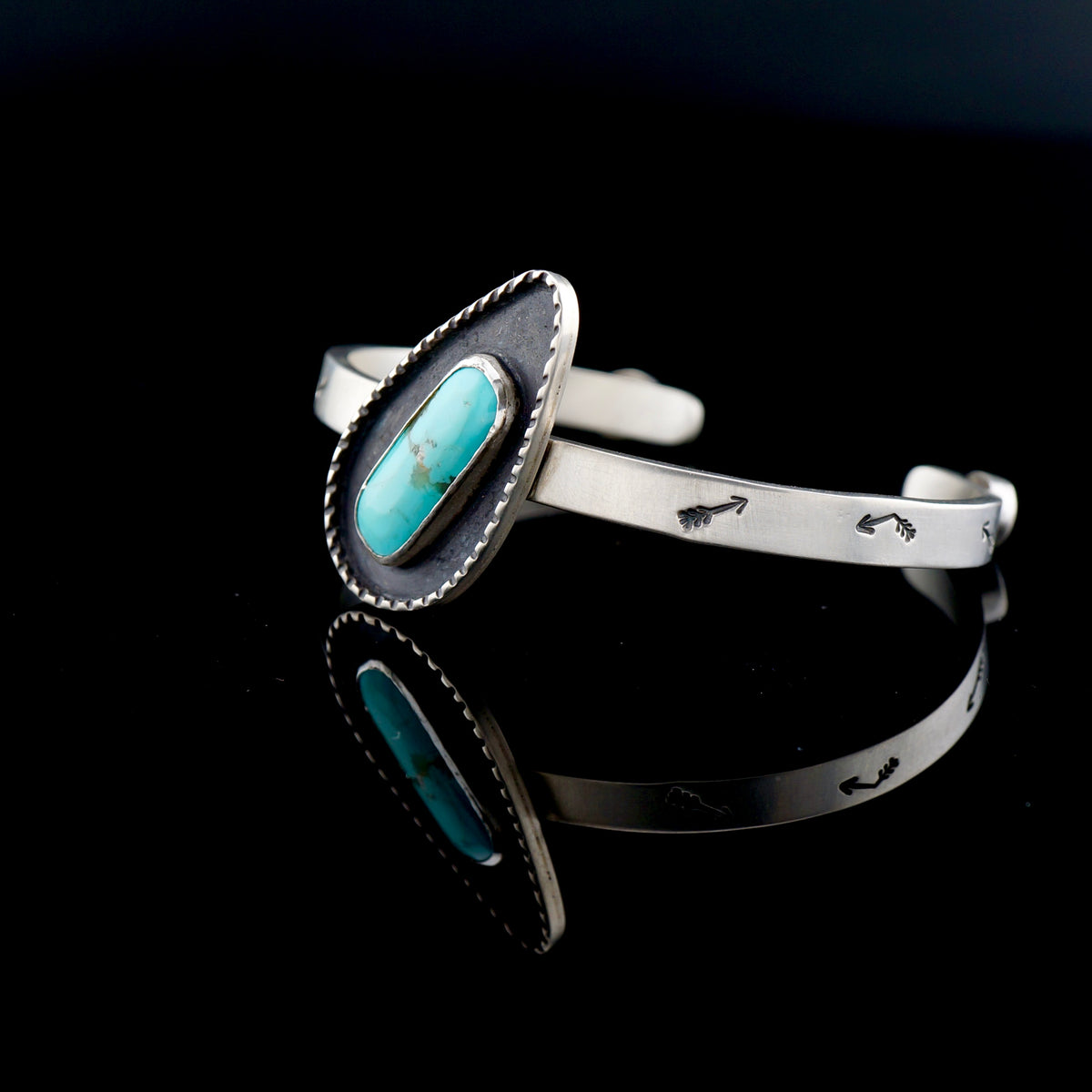 One of a Kind Turquoise and Sterling Silver Cuff Bracelet, Hand Stamped Western Jewelry