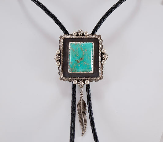 Bolo Tie - Authentic Turquoise w/ Sterling Silver Feather Accent